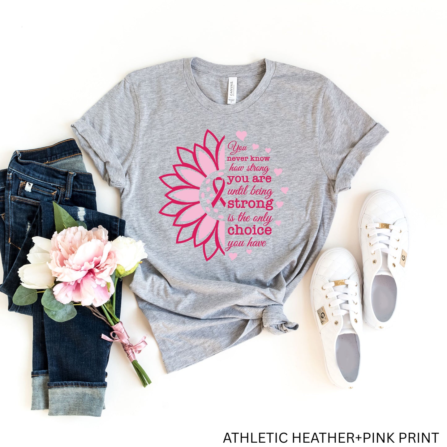 Breast Cancer Awareness T-Shirt - Pink Ribbon Sunflower Design - Strong Quote Tee -Survivor/Fighter Breast Cancer Support Gift -Pink Sunflower Breast Cancer Warrior Tee - Pink Ribbon Awareness T-Shirt