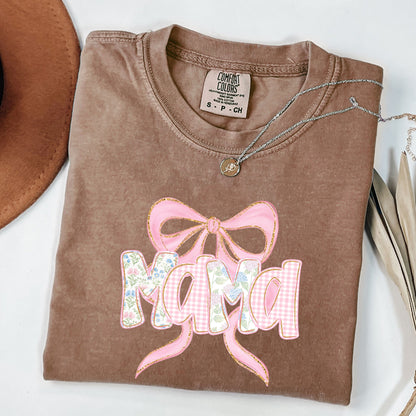 Floral Mama Shirt , Mom Spring Tee ,Trendy Mom Tshirt, Women's Flower Mama Shirt ,Pregnancy Reveal Gift ,Blue Pink Bow Shirt