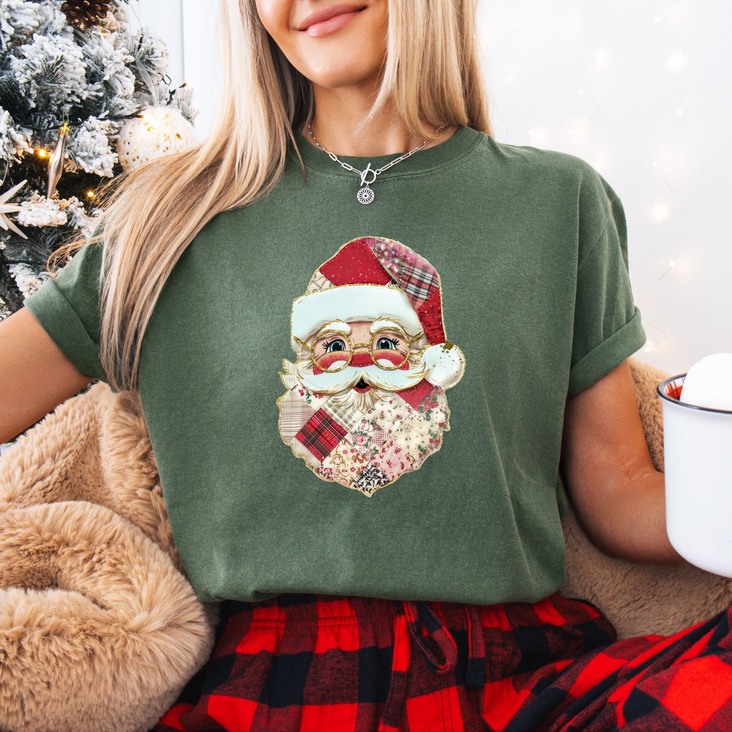 Faux Patchwork Santa T-Shirt | Vintage Quilted Look Christmas Shirt | Cozy Holiday Tee | Buffalo Plaid Santa Claus Graphic | Cute Xmas Gift