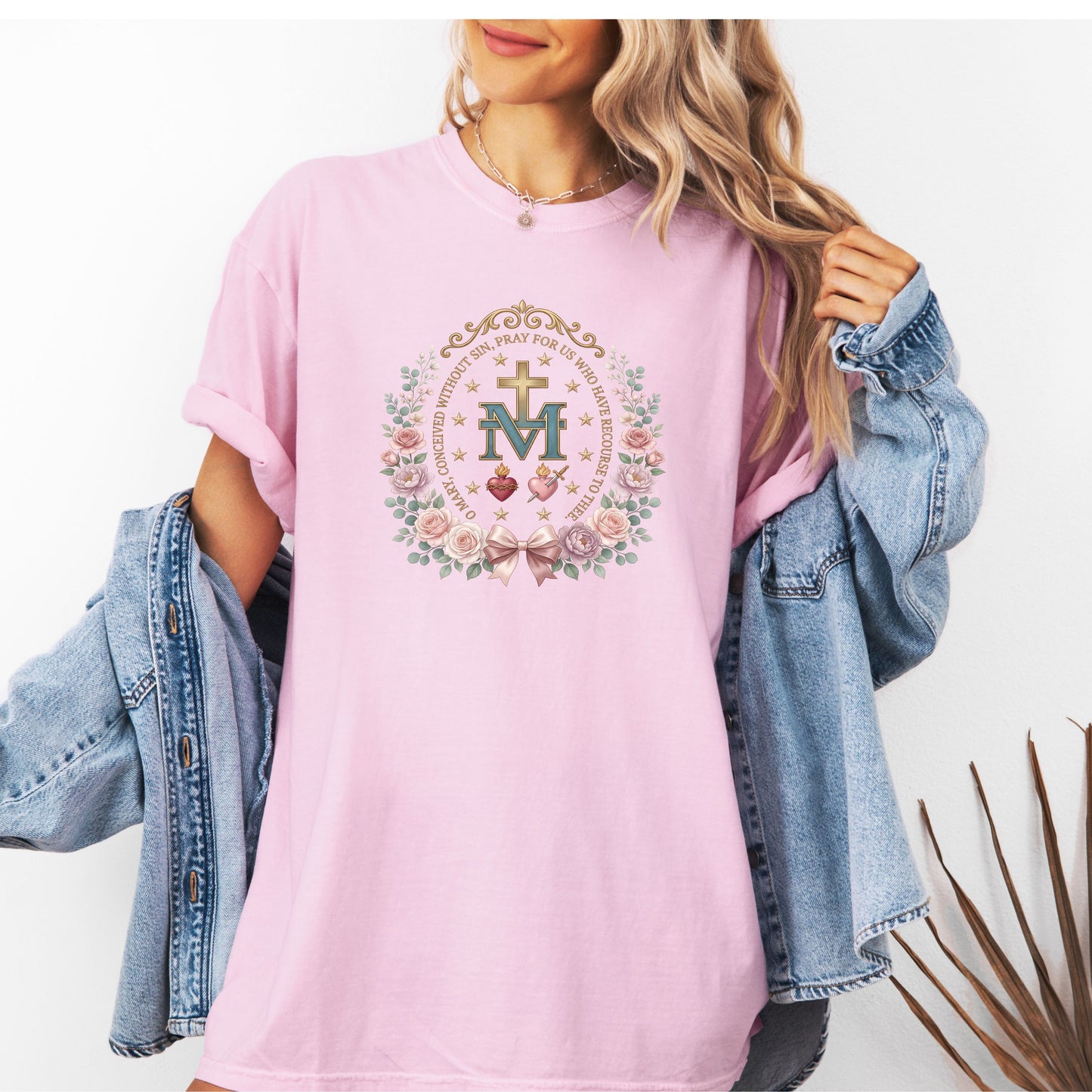 Marian Cross Catholic T-Shirt • Miraculous Medal Floral Tee • Virgin Mary Shirt • Religious Gift for Women • Blessed Mother Floral Tee