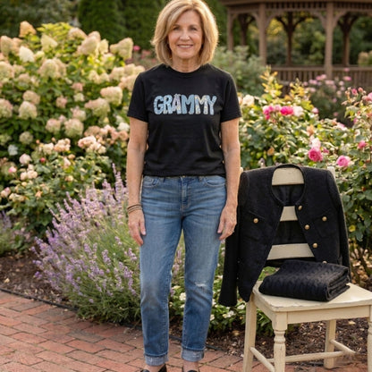 The Perfect Grammy Gift - Blue Floral Gingham "Grammy" Tee -  New Grandma Reveal Shirt - "Grammy" Floral Print Tee - Gift for Nana -  Special Birthday Gift for Grandma