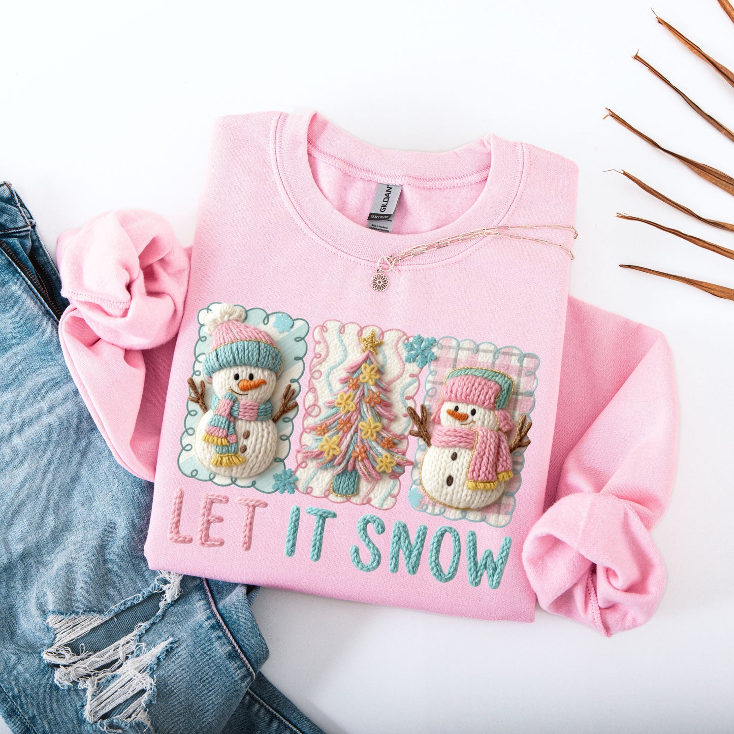 Coquette Let It Snow Sweatshirt | Faux Embroidery Look DTF Print Snowman Crewneck | Pastel Winter Aesthetic Sweater | Cozy Winter Soft Girl