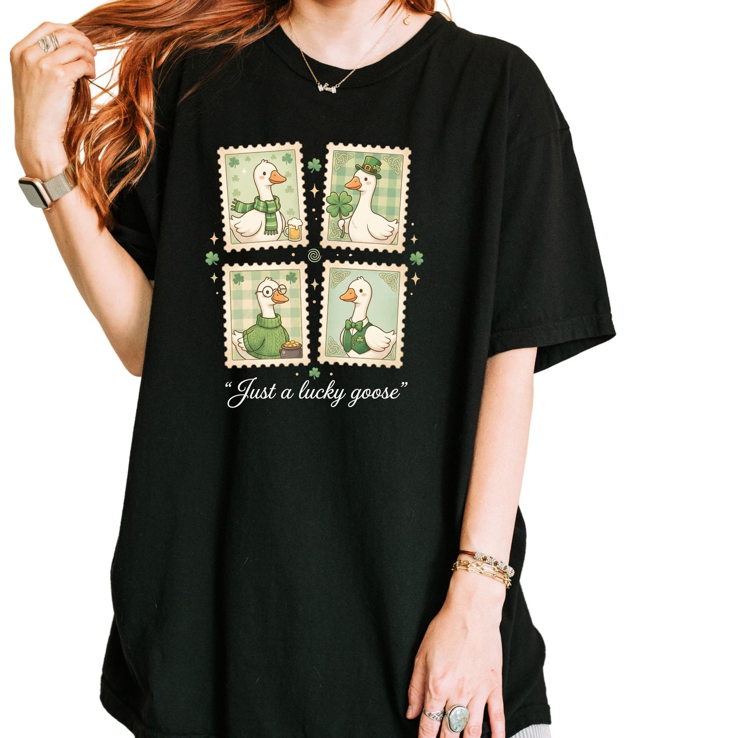 Silly Goose St Patrick's Day Shirt, Funny Lucky Clover Tee, Festive Irish Goose Stamp Shirt, Retro St Pattys Day Gift