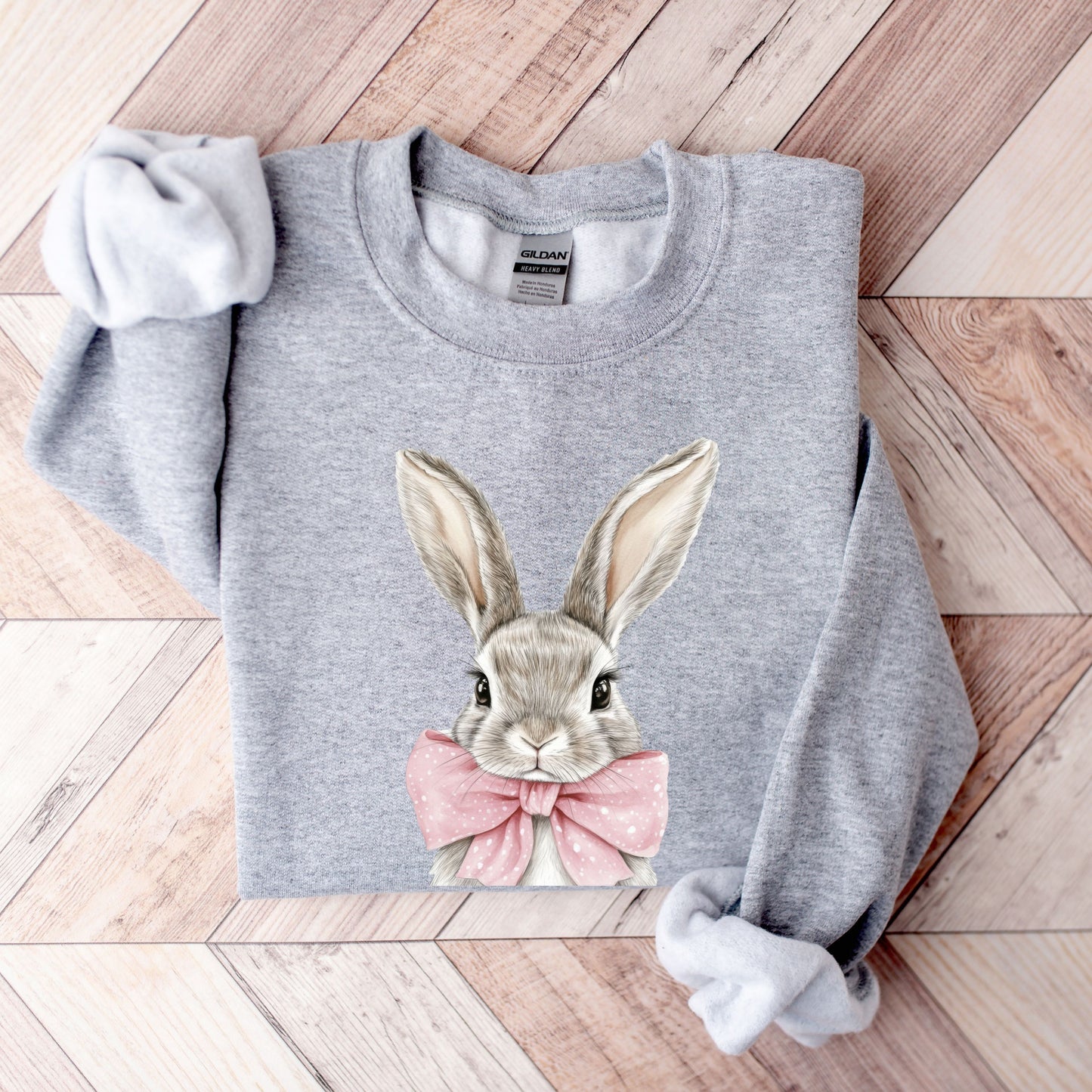 Cute Easter Bunny Sweatshirt - Hand-Drawn Rabbit with Pink Bow Crewneck - Spring Holiday Pullover