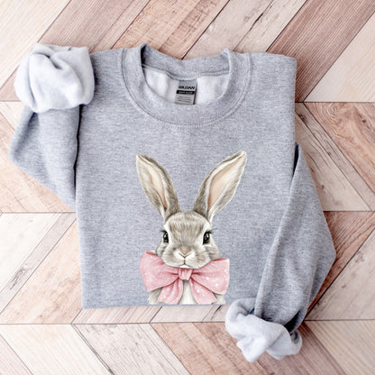 Cute Easter Bunny Sweatshirt - Hand-Drawn Rabbit with Pink Bow Crewneck - Spring Holiday Pullover