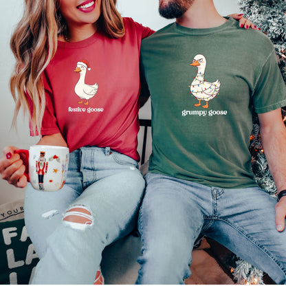 Comfort Colors® Funny Christmas Couple Long Sleeve Shirt, Matching Festive Goose & Grumpy Goose Tee, Holiday Husband Wife Gift, Humor Xmas