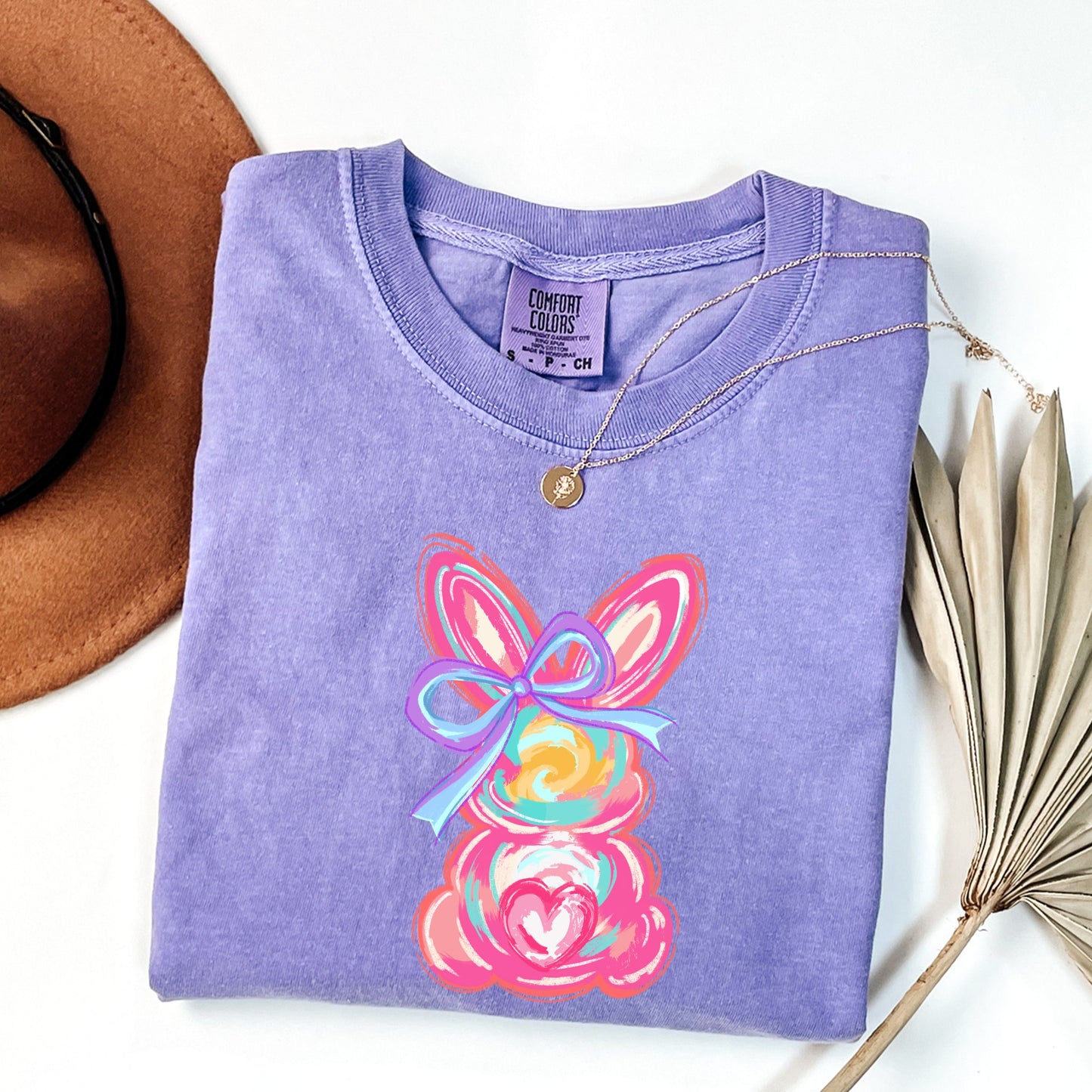 Brushstroke Bunny Easter Shirt, Bunny Coquette Bow T-Shirt, Pastel Spring Aesthetic Tee, Whimsical Rabbit Graphic Shirt, Colorful Floral Bunny Art Top