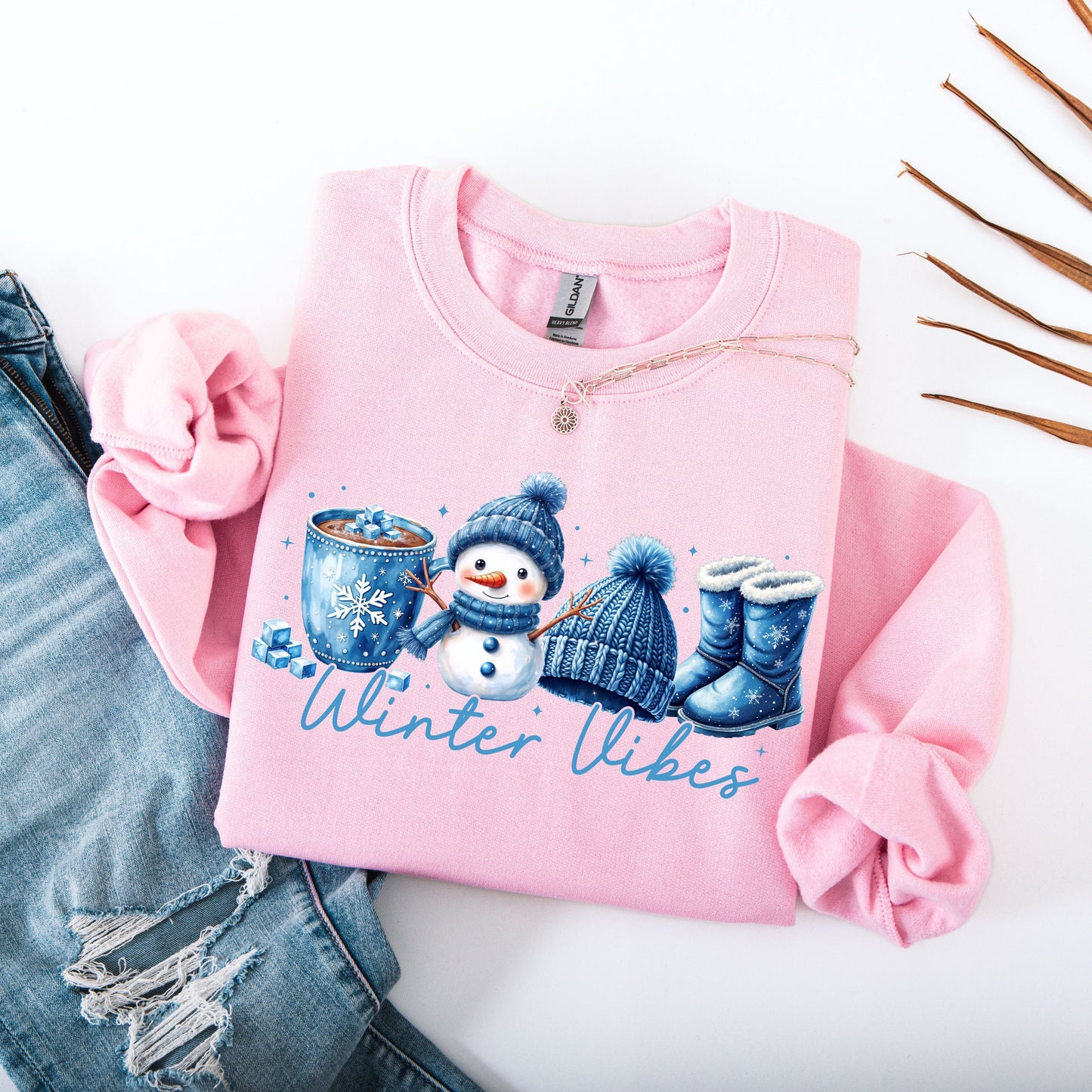 Winter Vibes Snowman Sweatshirt, Faux Embroidery Look Winter Crewneck, Cozy Blue Snowman Sweater, Winter Hot Cocoa Hoodie,Snowflake Pullover