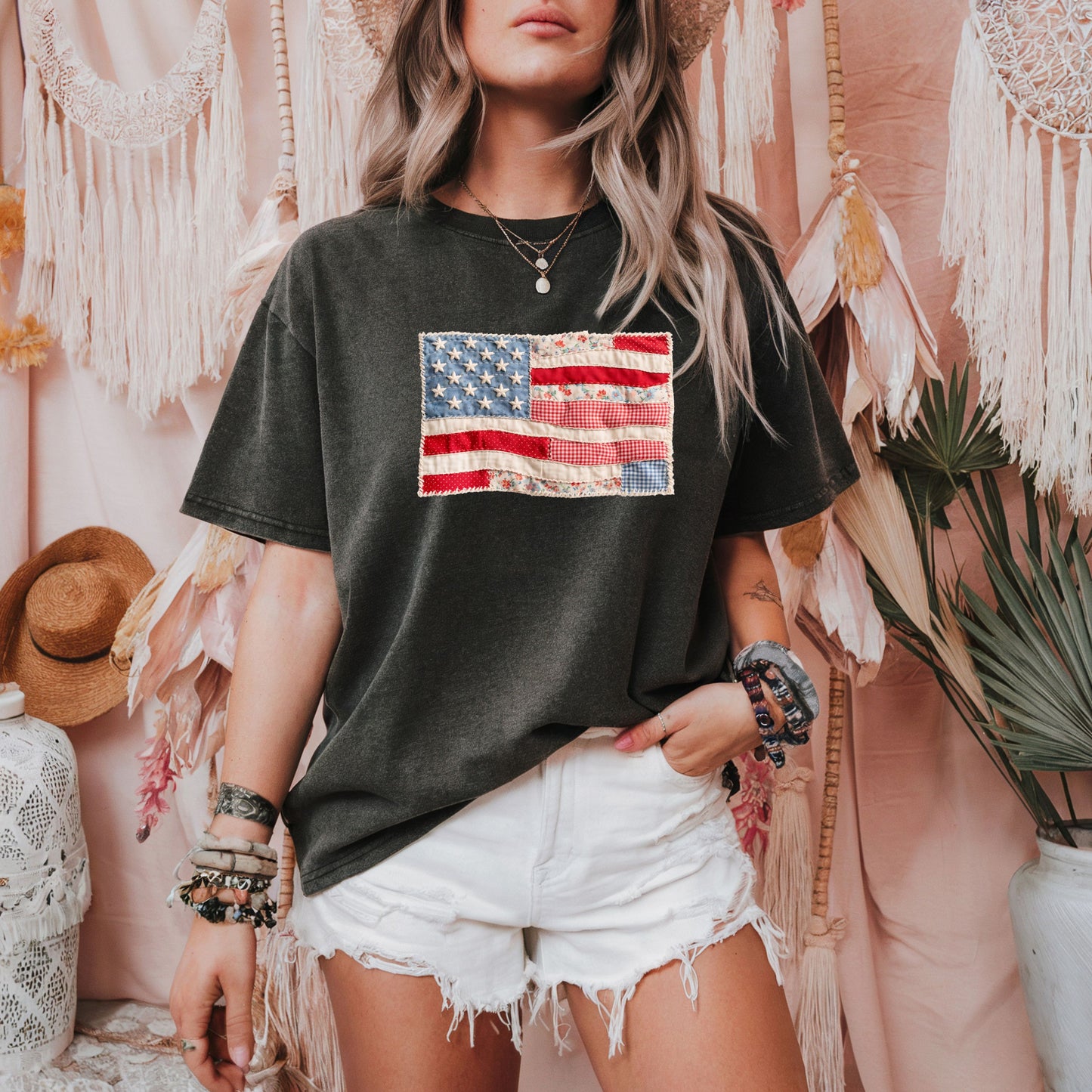 Faux Patchwork American Flag Shirt, Patriotic Fourth of July Tee, Vintage Faux Quilted USA Graphic T-Shirt