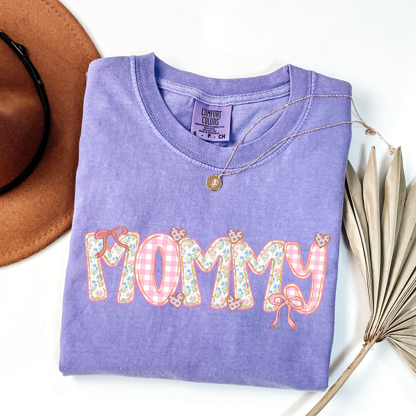 Mother's Day Gift - Mommy Floral Gingham Shirt - Trendy Coquette Mommy Tee- Pink Gingham & Floral Bow Mommy T-Shirt