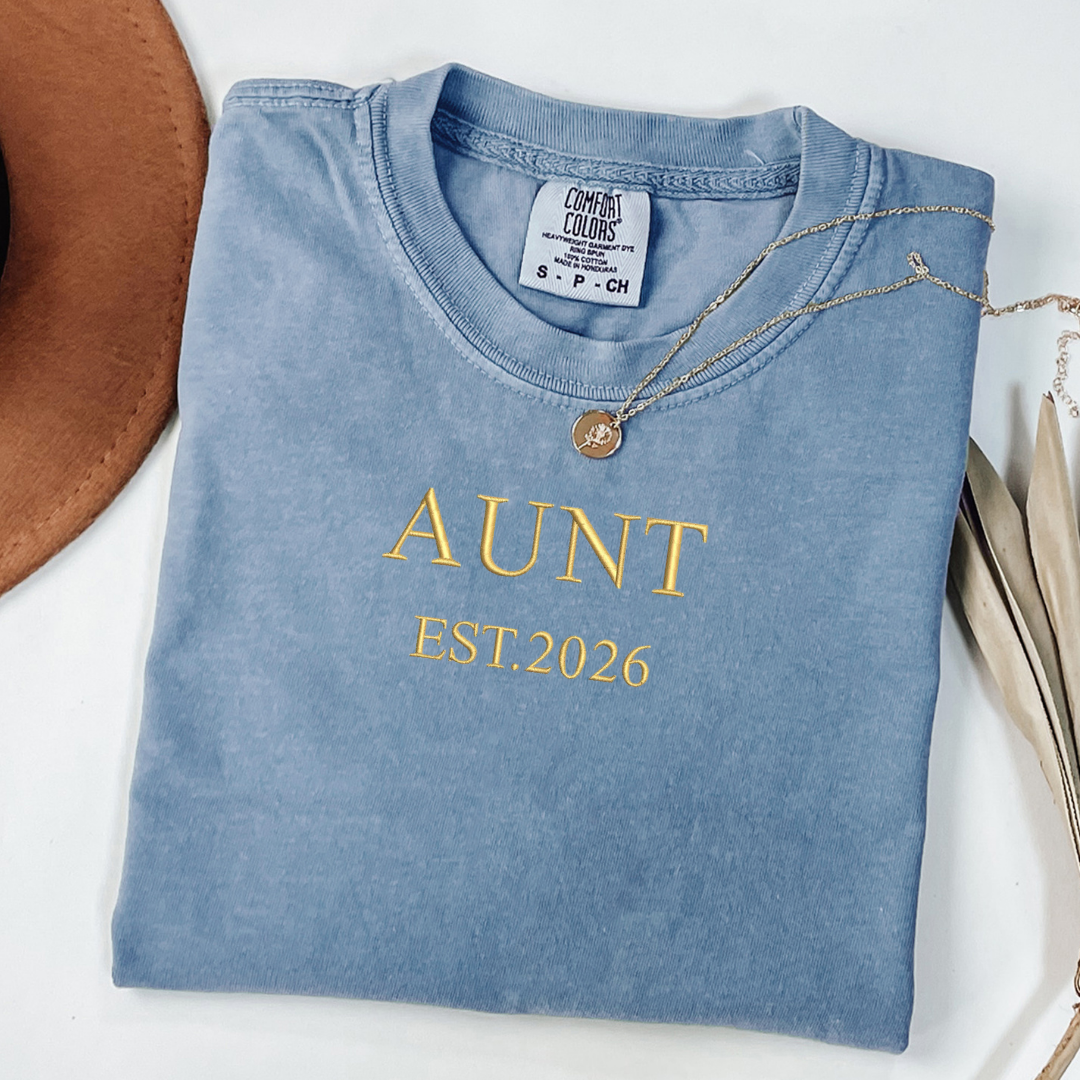 Personalized Aunt Est. 2026  Shirt | New Aunt Announcement Gift | Embroidered Heavyweight Tee