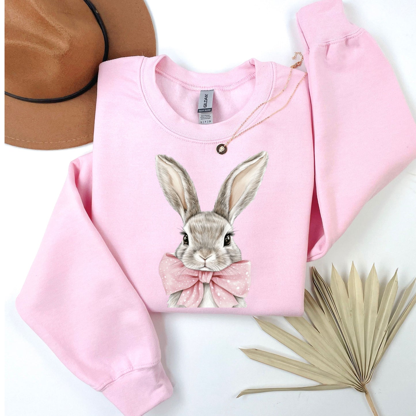 Cute Easter Bunny Sweatshirt - Hand-Drawn Rabbit with Pink Bow Crewneck - Spring Holiday Pullover