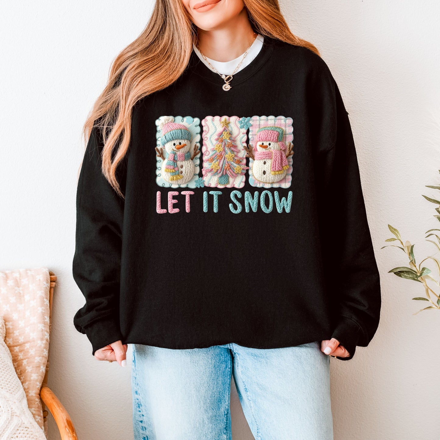 Coquette Let It Snow Sweatshirt | Faux Embroidery Look DTF Print Snowman Crewneck | Pastel Winter Aesthetic Sweater | Cozy Winter Soft Girl
