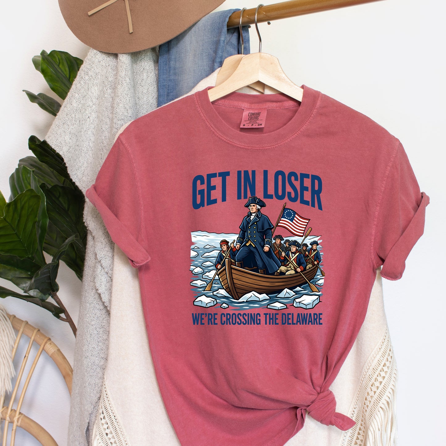 Funny Patriotic George Washington Shirt, Get In Loser We’re Crossing The Delaware Tee, Vintage 1776 Fourth Of July Shirt