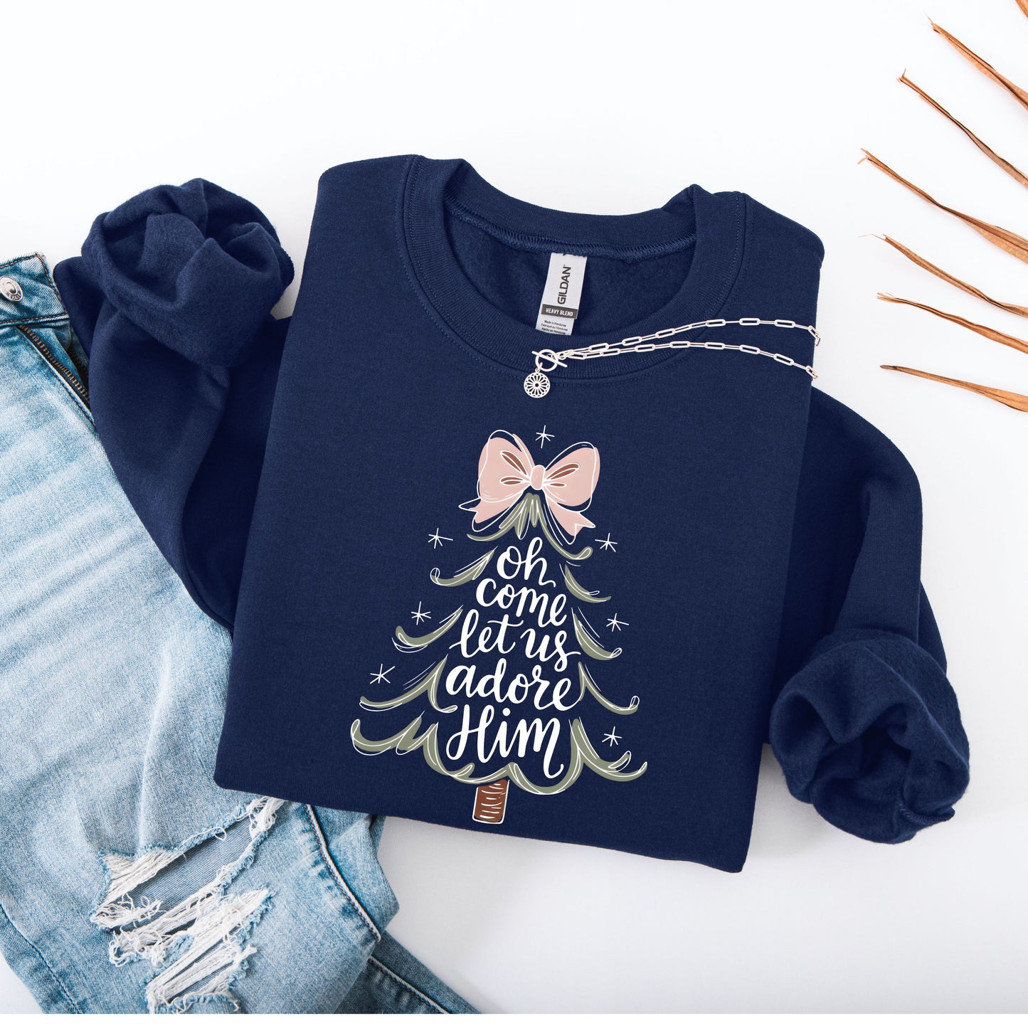 Oh Come Let Us Adore Him Sweatshirt, Christian Christmas Sweater, Pink Coquette Bow Christmas Tree, Religious Holiday Crewneck Nativity Gift