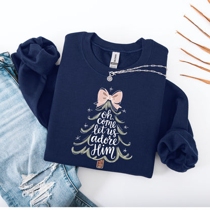 Oh Come Let Us Adore Him Sweatshirt, Christian Christmas Sweater, Pink Coquette Bow Christmas Tree, Religious Holiday Crewneck Nativity Gift
