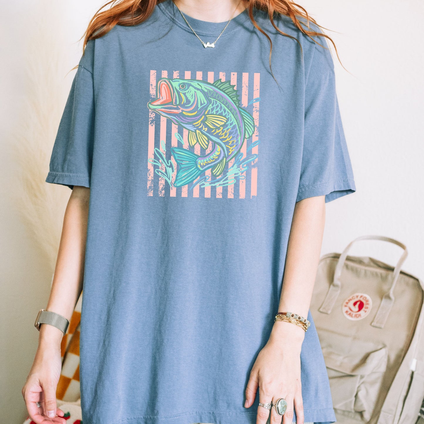Retro Bass Fish Shirt, Pastel Striped Fishing Graphic Tee, Fisherman Gift, Lake Life T-Shirt, Coastal Summer Tee