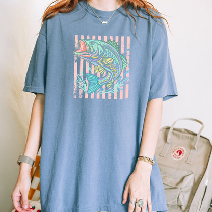 Retro Bass Fish Shirt, Pastel Striped Fishing Graphic Tee, Fisherman Gift, Lake Life T-Shirt, Coastal Summer Tee