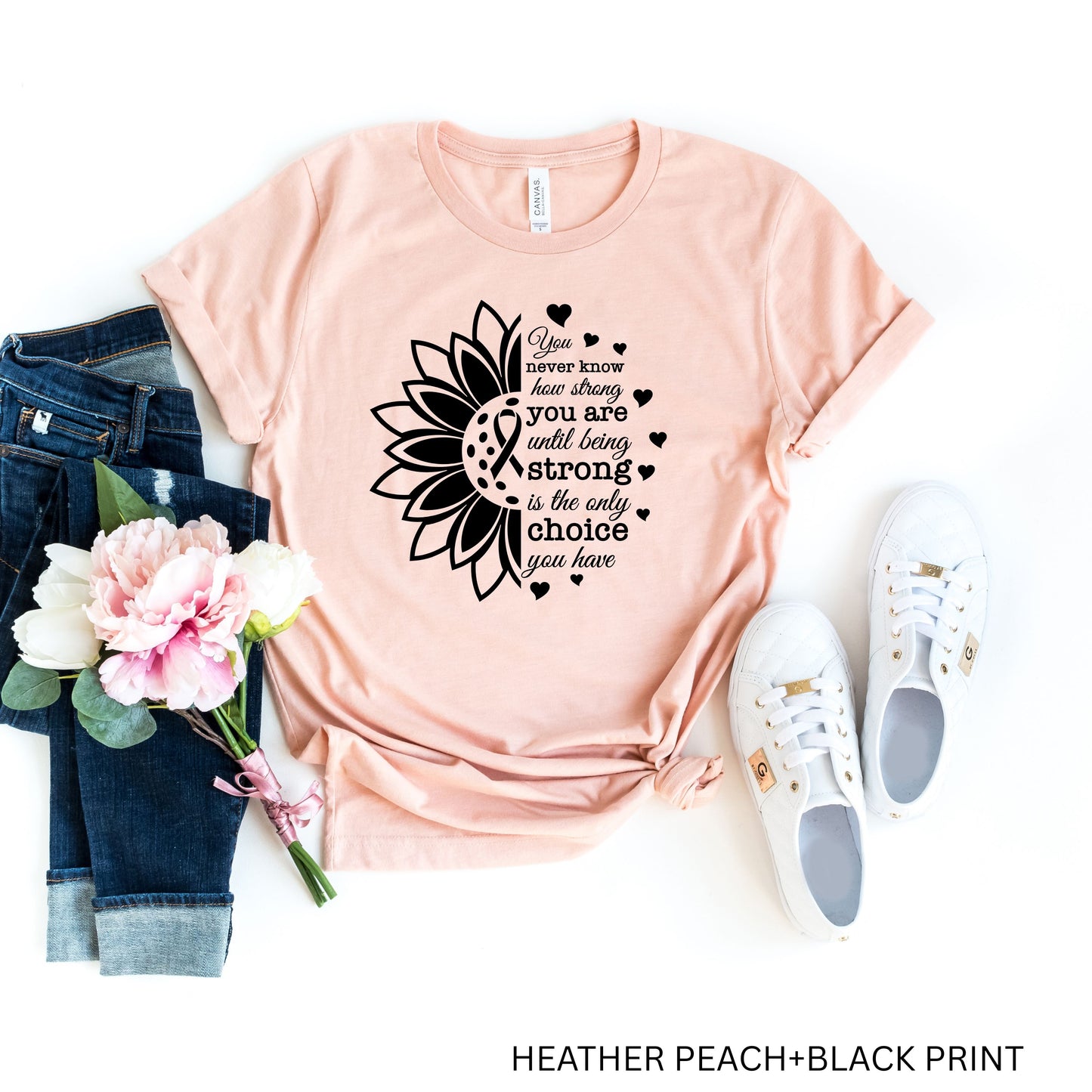 Breast Cancer Awareness T-Shirt - Pink Ribbon Sunflower Design - Strong Quote Tee -Survivor/Fighter Breast Cancer Support Gift -Pink Sunflower Breast Cancer Warrior Tee - Pink Ribbon Awareness T-Shirt