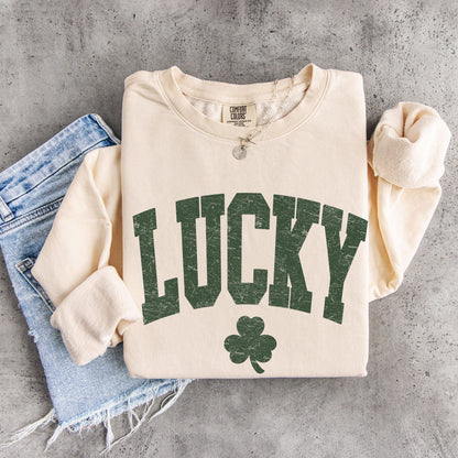 Lucky Shamrock Sweatshirt – Vintage Style St. Patrick’s Day Lucky Crewneck, Distressed Lucky Unisex Pullover