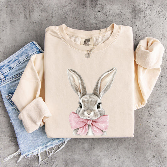 Cute Easter Bunny Sweatshirt, Watercolor Bunny with Pink Bow Hoodie, Spring Aesthetic Crewneck, Easter Gift for Her, Cottagecore Rabbit Pullover