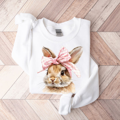 Coquette Easter Bunny Crewneck Sweatshirt | Retro Gingham Bow Bunny Pullover
