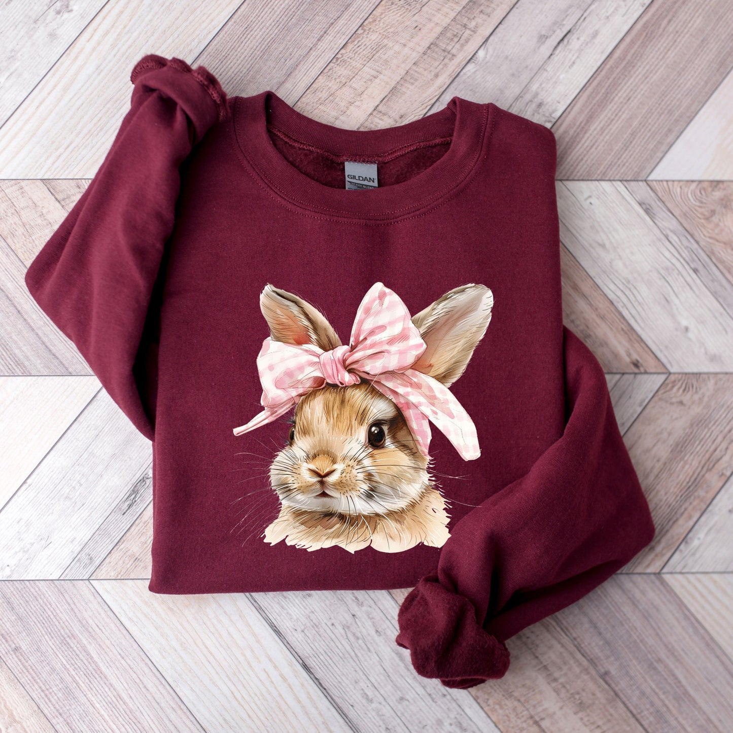 Coquette Easter Bunny Crewneck Sweatshirt | Retro Gingham Bow Bunny Pullover