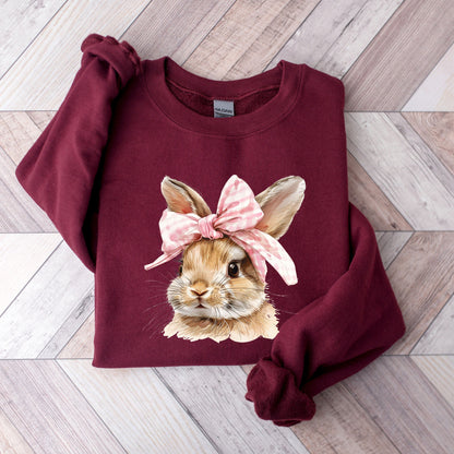 Coquette Easter Bunny Crewneck Sweatshirt | Retro Gingham Bow Bunny Pullover