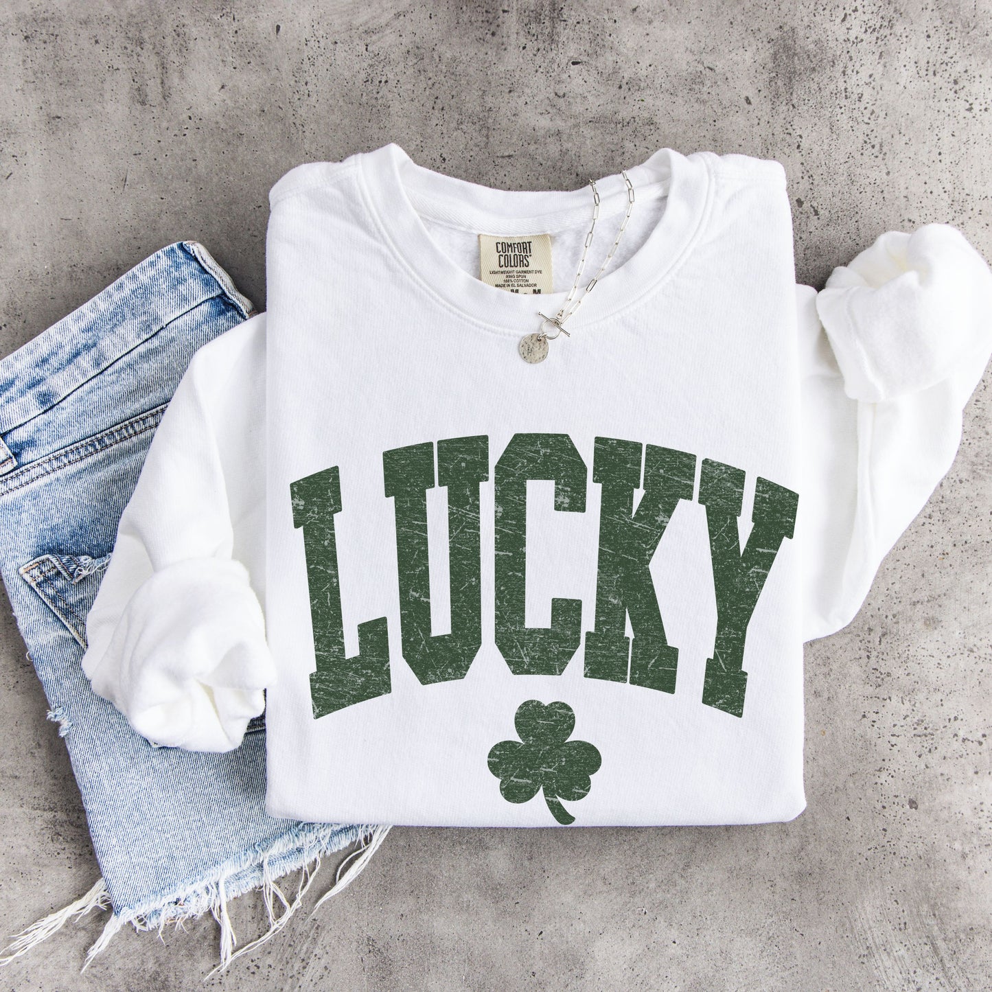 Lucky Shamrock Sweatshirt – Vintage Style St. Patrick’s Day Lucky Crewneck, Distressed Lucky Unisex Pullover