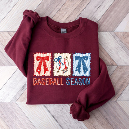 Coquette Baseball Season Crewneck Sweatshirt | Retro Bows Baseball Pullover