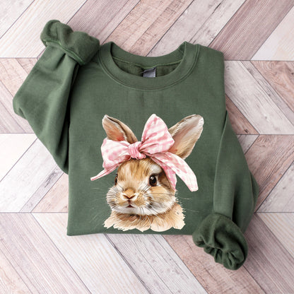 Coquette Easter Bunny Crewneck Sweatshirt | Retro Gingham Bow Bunny Pullover