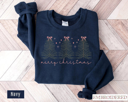 Merry Christmas Embroidered Sweatshirt, Christmas Trees Jumper, Cute Christmas Hoodie, Holiday Crewneck Gift, Family Christmas Jumper