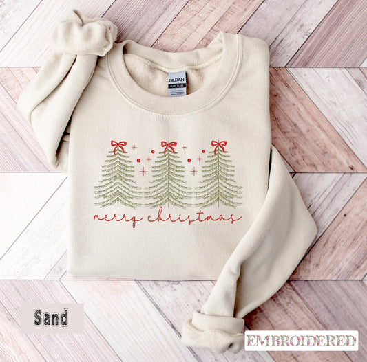 Merry Christmas Embroidered Sweatshirt, Christmas Trees Jumper, Cute Christmas Hoodie, Holiday Crewneck Gift, Family Christmas Jumper