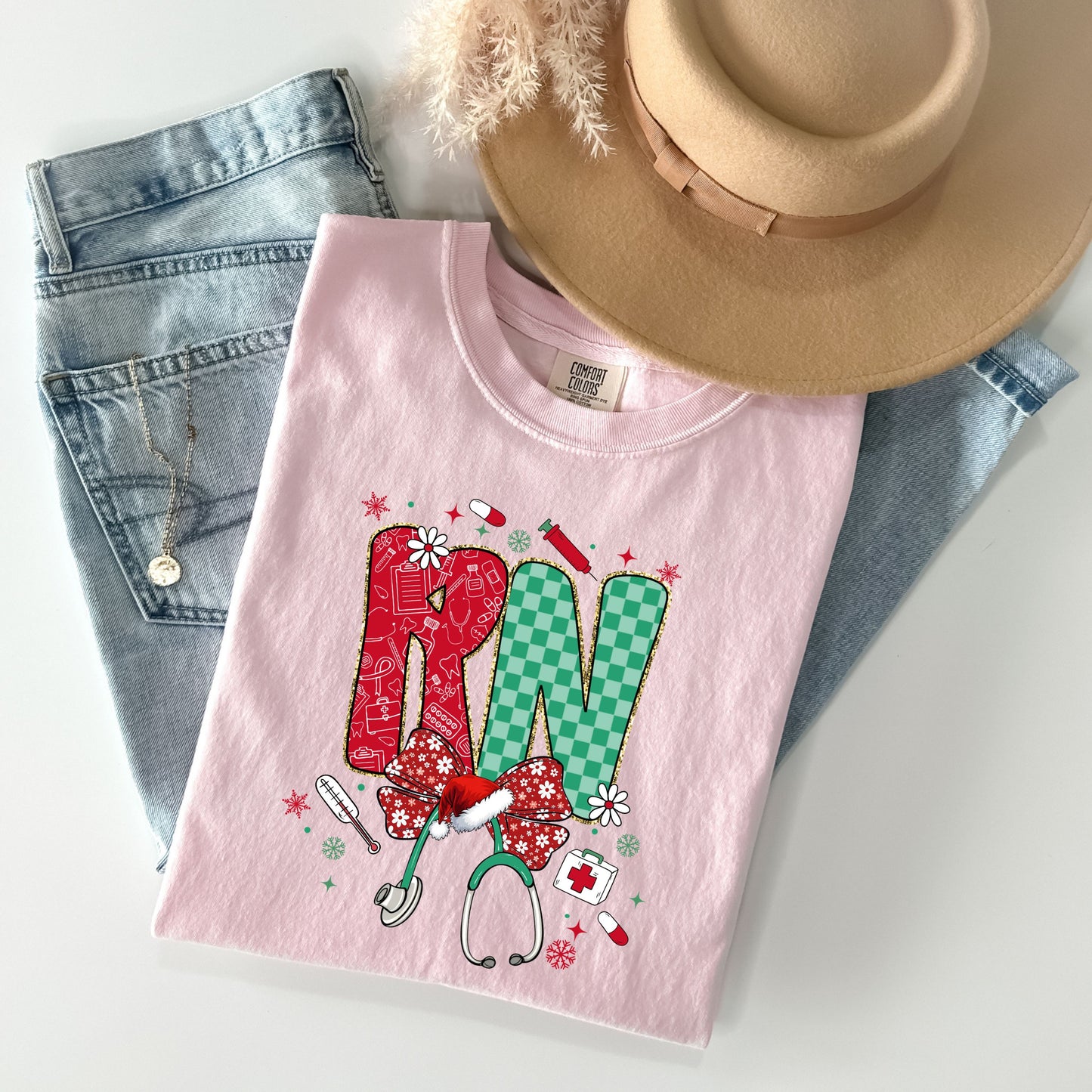 Comfort Colors® Nurse Christmas Shirt, Retro Checkered RN CNA NICU Tee, Cute Santa Hat Nursing Holiday Top, Gift for Nurse, Groovy Xmas