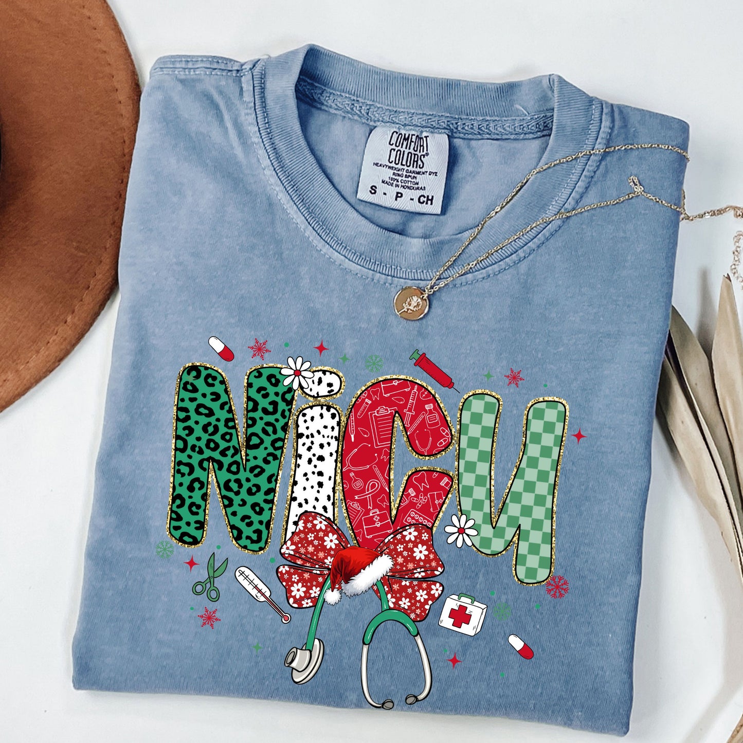 Comfort Colors® Nurse Christmas Shirt, Retro Checkered RN CNA NICU Tee, Cute Santa Hat Nursing Holiday Top, Gift for Nurse, Groovy Xmas