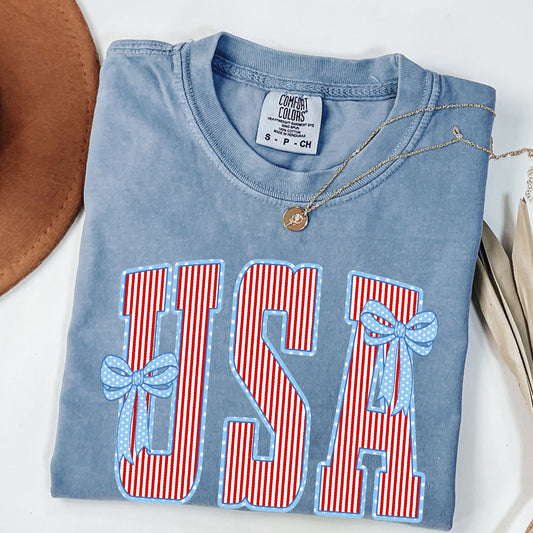 USA Bow Shirt, Patriotic Coquette Fourth of July Tee, Vintage America Graphic T-Shirt, USA Independence Day Shirt