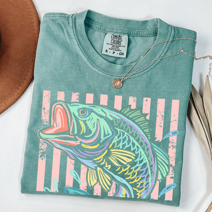 Retro Bass Fish Shirt, Pastel Striped Fishing Graphic Tee, Fisherman Gift, Lake Life T-Shirt, Coastal Summer Tee