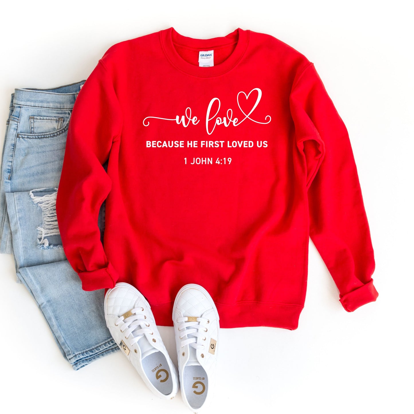 We Love Because He First Loved Us Sweatshirt, Bible Verse Sweater, Jesus Loves  You Sweater, Aesthetic Clothing, Christian Valentine Gift