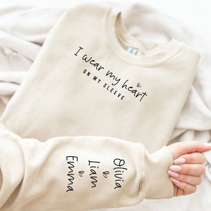 Mother Day Gift, Custom Mom Shirt With Kids Names, Custom Mama Sweatshirt, Personalized Mother's Day Gifts, I Wear My Heart On My Sleeve