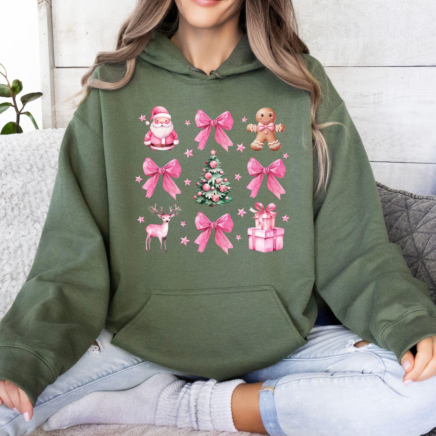 Pink Bow Coquette Christmas Sweatshirt, Santa Sweater, Christmas Tree Hoodie, Retro Christmas Sweatshirt, Christmas Gift Sweater,Xmas Hoodie
