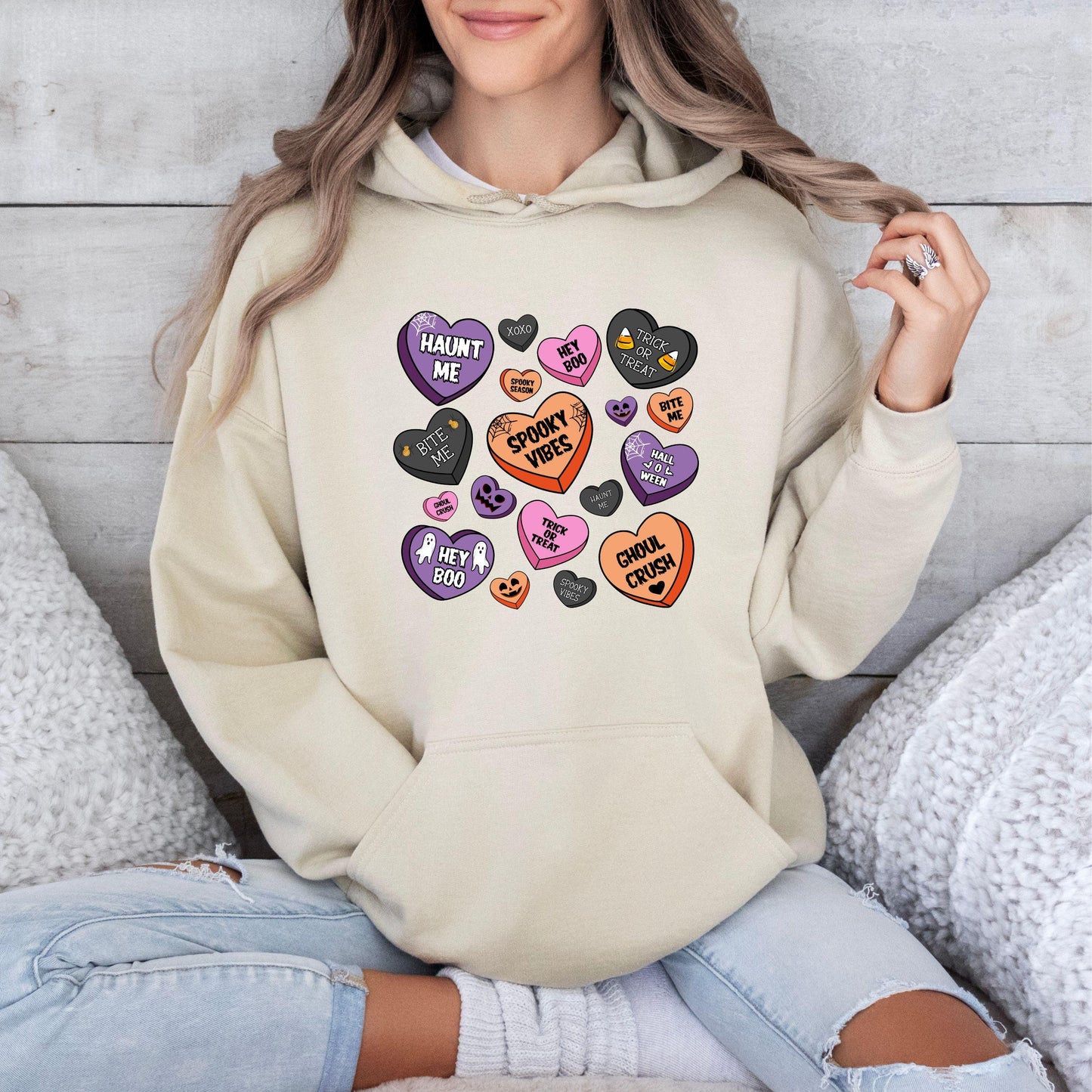 Candy Hearts Halloween Sweatshirt, Retro Halloween Sweatshirt, Halloween Sweatshirt, Spooky Vibes Sweater, Conversation Hearts Sweat