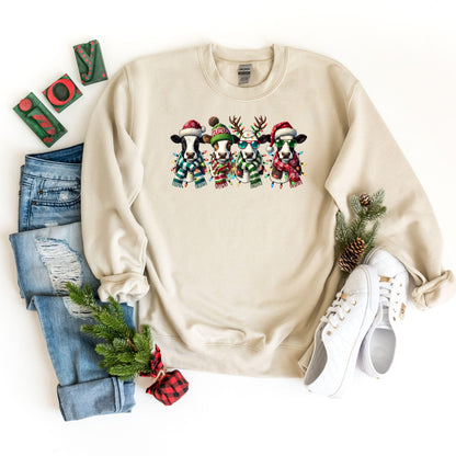 Christmas Sweatshirt, Merry Christmas, Happy New Year, Christmas Gift, Cute Cow Christmas Sweatshirt, Christmas Light Cow Sweatshirt