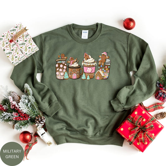 Pink Gingerbread Christmas Coffee Sweatshirt, Women Holiday Sweater, Xmas Tee, Coffee Lover Gift, Latte Drink Crewneck, Winter Coffee Hoodie