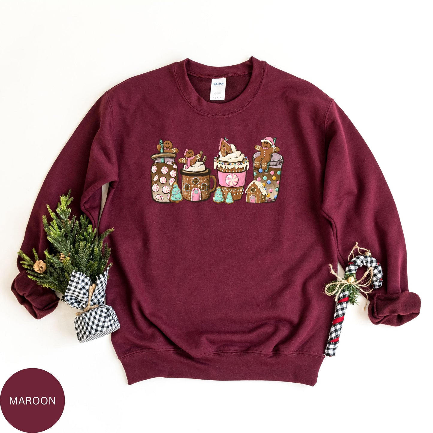 Pink Gingerbread Christmas Coffee Sweatshirt, Women Holiday Sweater, Xmas Tee, Coffee Lover Gift, Latte Drink Crewneck, Winter Coffee Hoodie