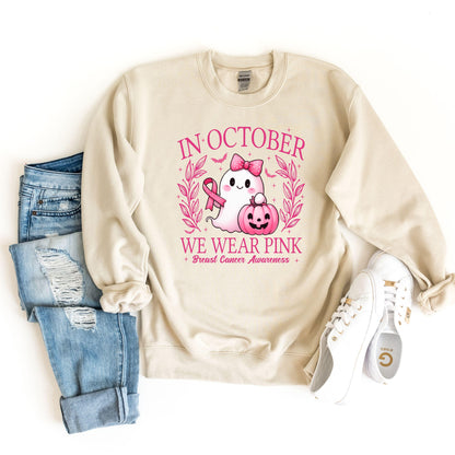 In October We Wear Pink Ghost Sweatshirt, Breast Cancer Awareness Hoodie, Cancer Survivor Crewneck, Halloween Sweatshirt, Pink Ghost Sweater