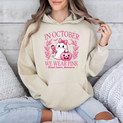In October We Wear Pink Ghost Sweatshirt, Breast Cancer Awareness Hoodie, Cancer Survivor Crewneck, Halloween Sweatshirt, Pink Ghost Sweater