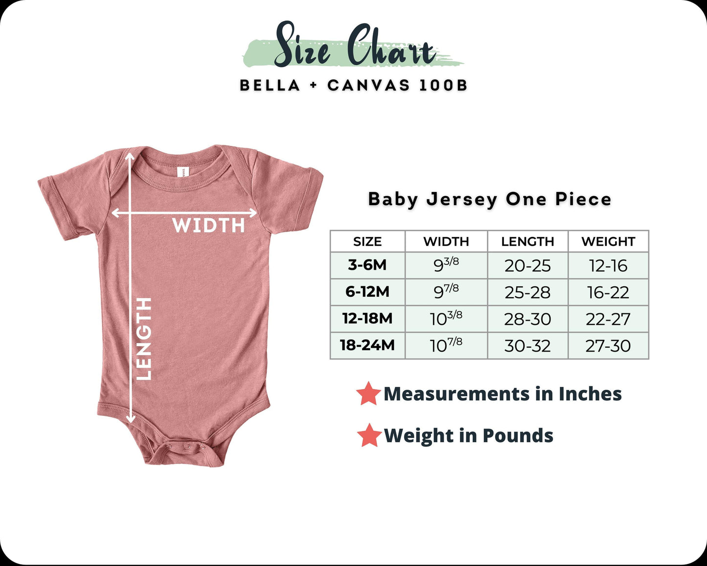 a baby bodysuit with measurements for the size of it