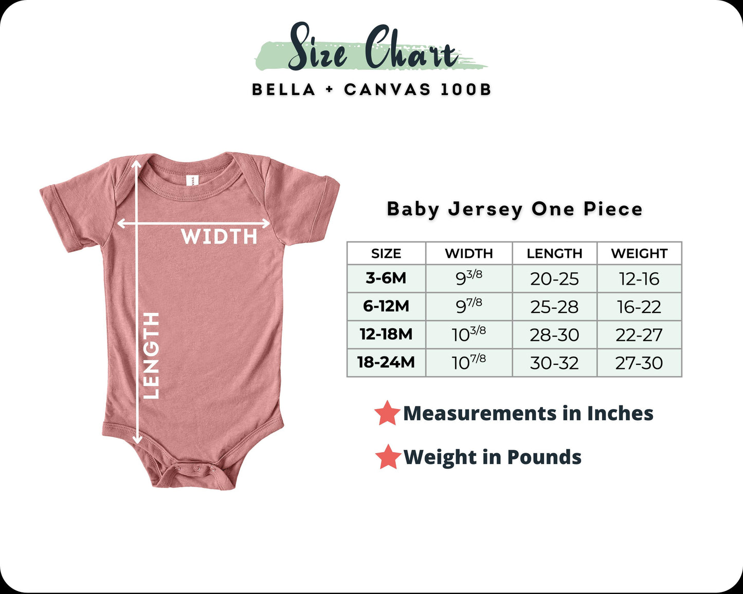 a baby bodysuit with measurements for the size of it