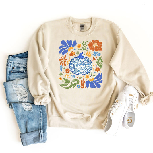 Blue Floral Pumpkin Sweatshirt, Boho Floral Fall Hoodie, Fall Mama Sweater, Autumn Vibes Sweat, Pumpkin Season Hoodie, Chinoiserie Pumpkin