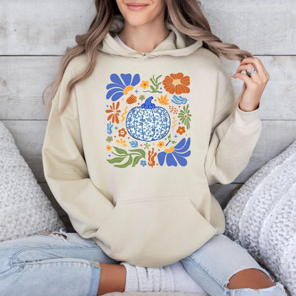 Blue Floral Pumpkin Sweatshirt, Boho Floral Fall Hoodie, Fall Mama Sweater, Autumn Vibes Sweat, Pumpkin Season Hoodie, Chinoiserie Pumpkin